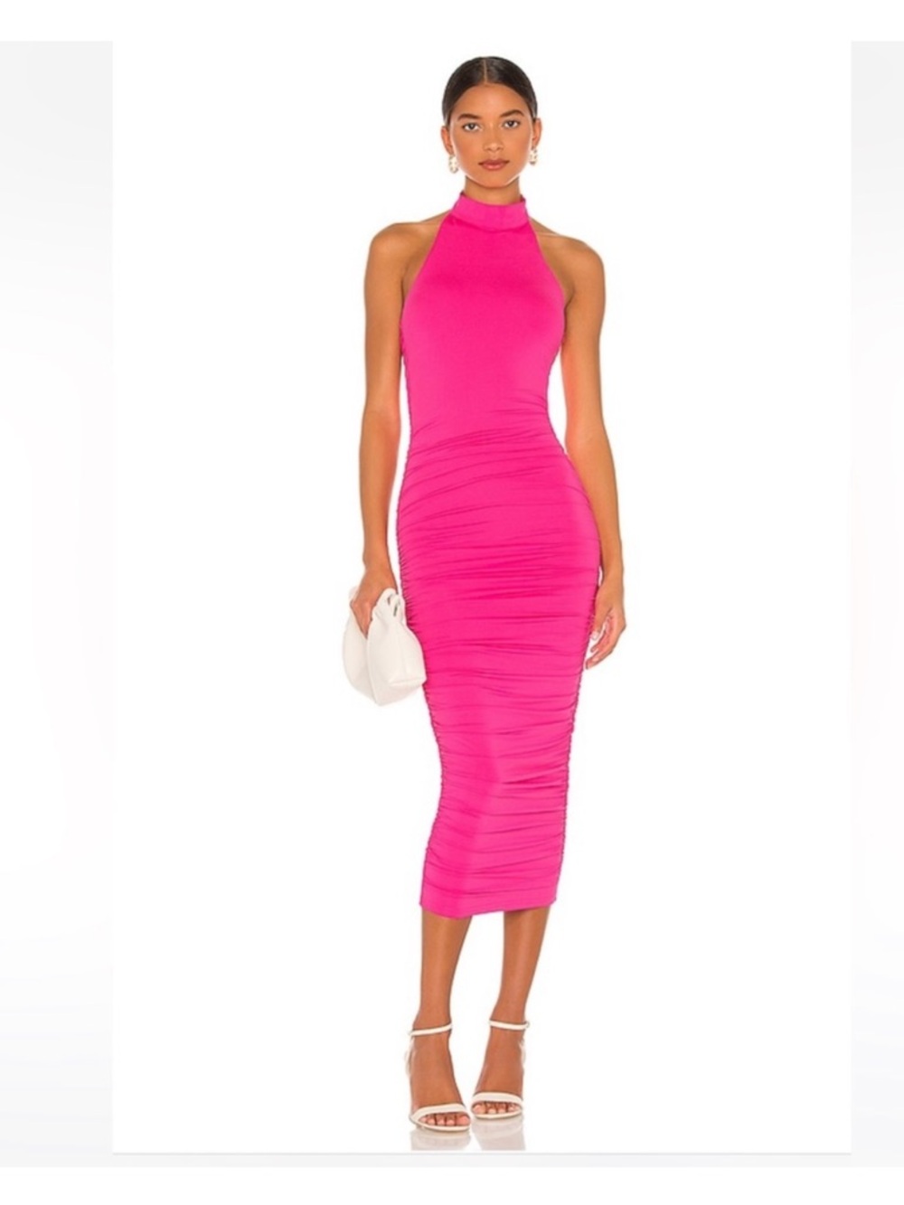 superdown Neon Pink Halter Ruched Midi Dress
